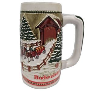 1984 Budweiser Clydesdale Christmas Holiday Stein Mug Covered Bridge Limited
